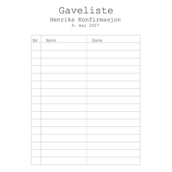 Gaveliste til Konfirmasjon - Helhvit
