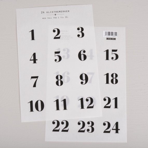 Klistremerker 1-24 Transparent med sorte tall