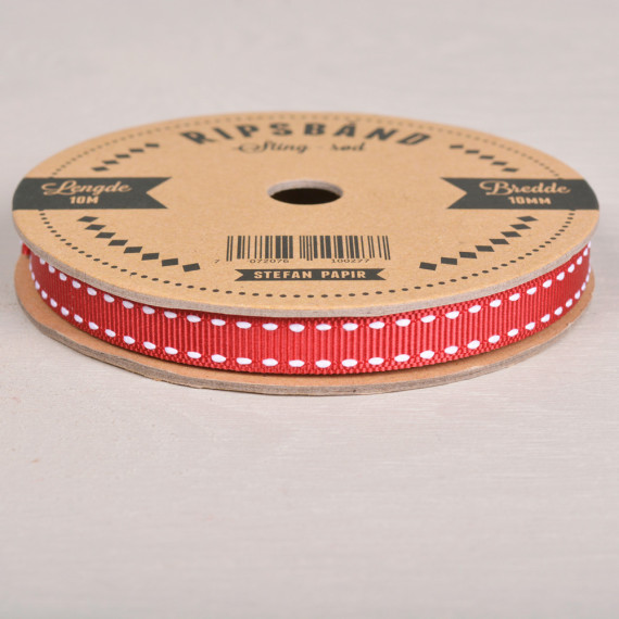 Ripsbånd Rød med hvite sting 10mm x 10 meter