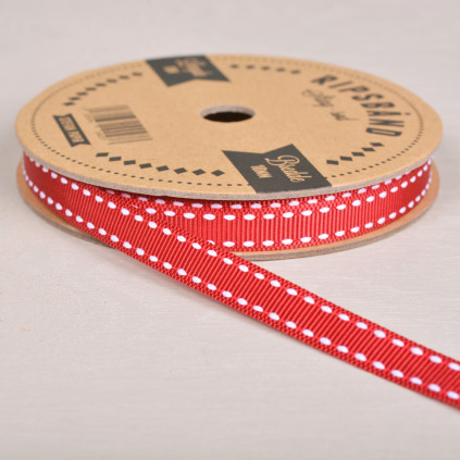 Ripsbånd Rød med hvite sting 10mm x 10 meter